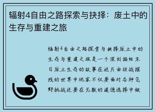 辐射4自由之路探索与抉择：废土中的生存与重建之旅